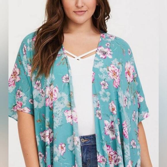 Torrid teal‎ and pink floral tropical Gauze Duster Kimono plus size 3 4 3X 4X - Picture 3 of 12